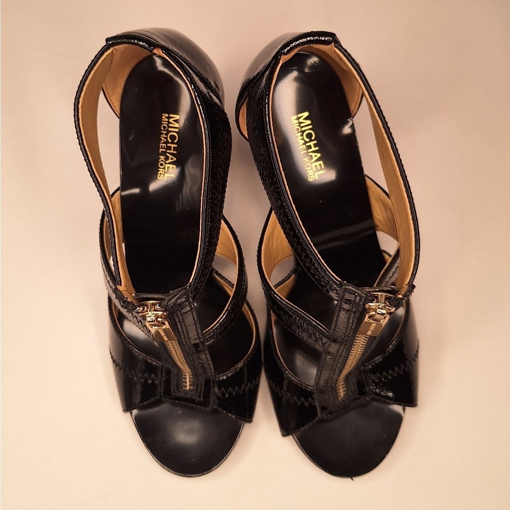 Michael Kors Black Patent Leather T-Strap Cage Heels Front Zip Stiletto Sandals - Picture 8 of 10